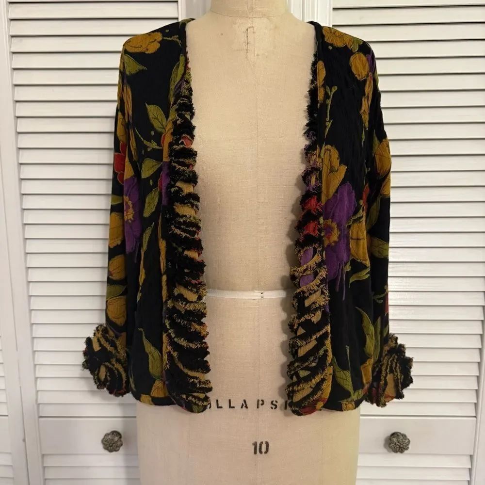 Floral Ruffle Trim Cardigan/Jacket - Black, Yellow, Purple